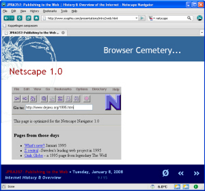 Een afbeelding van Netscape 1.0 in de laatste versie van de Netscape-browser (9.0.0.5) | Screenshot van: History & Overview of the Internet / Sharaf Atakhanov