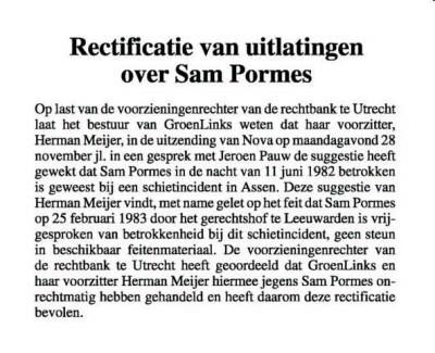 Rectificatie van uitlatingen over Sam Pormes