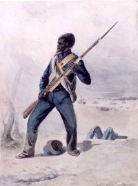 Afrikaanse soldaat op Java | Waterverftekening: E. Hardouin (ca. 1851)